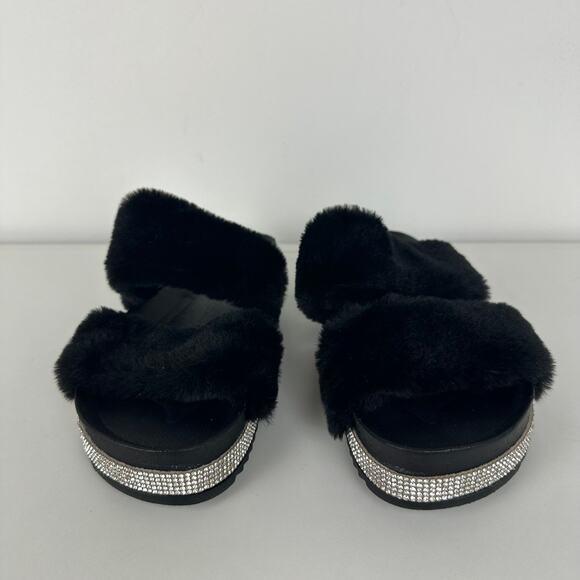 Mudd Womens Lauren Rhinestone Fuzzy Faux Fur Black Sandal Slide Slippers 36 - Picture 3 of 6